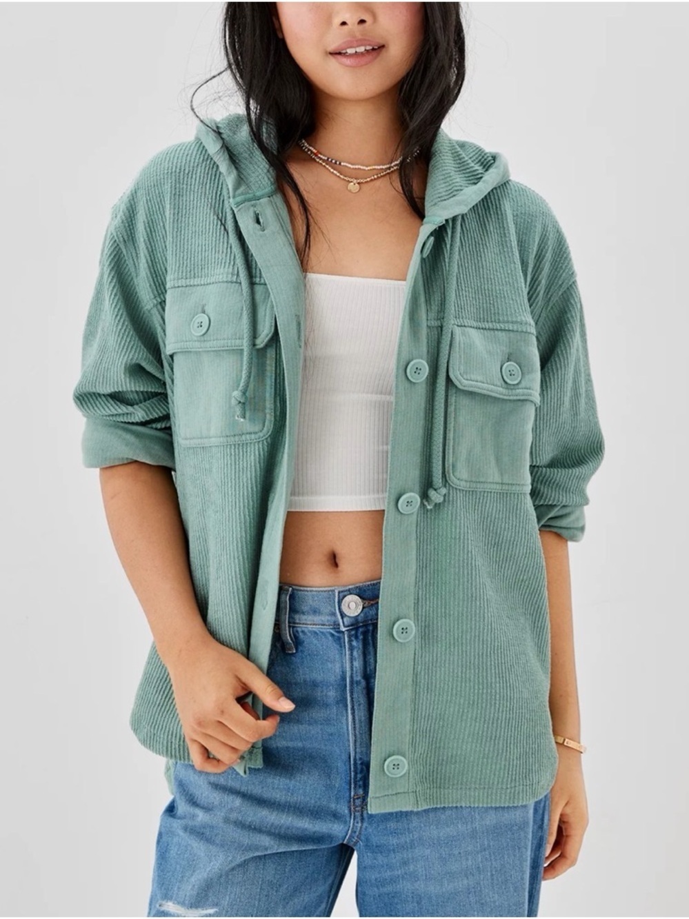 American Eagle Sage Green Oversized Hooded Shacket Button Down Women’s Sz XS NWT
